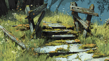 Fototapeta premium Trail entrance with fallen fence remnants