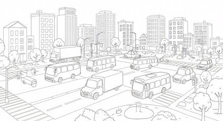 City traffic scene with various vehicles and buildings Coloring Page