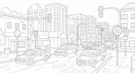 Fototapeta premium City Traffic Scene Vehicles at an Intersection Coloring Page