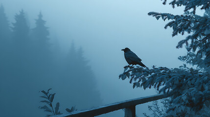 Fototapeta premium Silhouette of a Raven Perched on a Branch in a Misty Forest