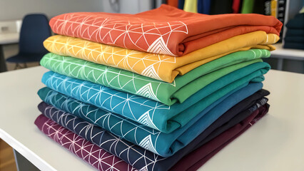 Vibrant stack of folded t-shirts in rainbow colors with geometric designs, offering a modern and creative apparel option for fashion-forward individuals, perfect for retail or design projects