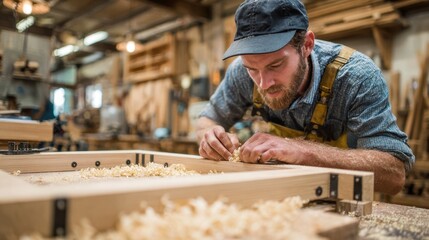Professional woodworker fastens corner brackets on wooden frame demonstrating precision and skill in a workshop filled with sawdust and timber.