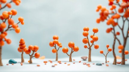 Fantasievolle Miniaturlandschaft mit orangen Bäumen in surrealer stiller Modellwelt inszeniert