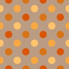 A pattern of evenly spaced polka dots in warm, earthy tones of orange and brown is set against a light brown background. The design is simple and symmetrical, creating a retro and playful aesthetic