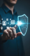 Cybersecurity and data privacy concept, a digital shield protecting a stream of personal user data icons from an unauthorized hand.