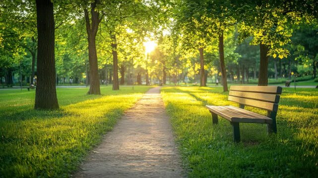 Serene park path at sunset with benches and trees