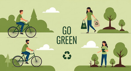 Illustration promoting environmental awareness with people cycling, carrying reusable bags, and planting trees, emphasizing a "Go Green" message.
