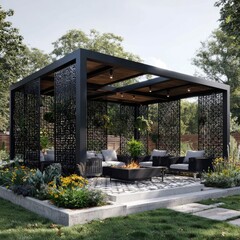 Modern outdoor gazebo with black metal frame, slatted dividers, and comfortable seating