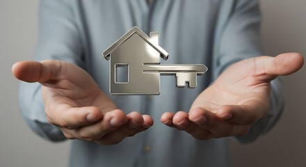 Male Hands Holding 3D Real Estate Key Icon for House Ownership Concept