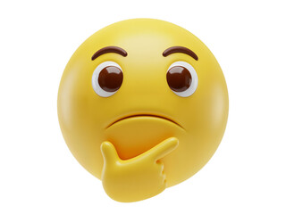 Fototapeta premium A thoughtful yellow emoji with big brown eyes and a hand on its chin contemplating a difficult decision isolated on transparent background