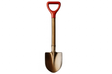 Golden-bladed shovel with red handle resting against white background, highlighting gardening and agricultural tool design