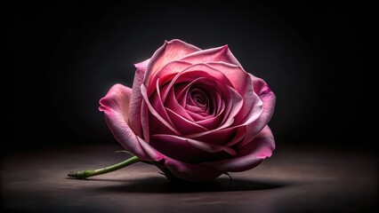 Fototapeta premium A Single Pink Rose in Dramatic Low-Key Lighting, Exquisitely Detailed Petals, Soft Shadows, Elegant Floral Still Life