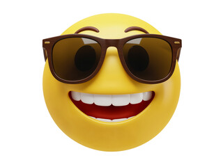 A cheerful yellow emoji face wearing stylish brown sunglasses with a wide open mouth and bright white teeth isolated on transparent background
