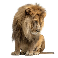 Obraz premium Png of A majestic male lion with a golden mane sits gracefully, showcasing strength and tranquility in its natural beauty.