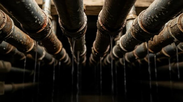 Leaking water pipes showing rust and corrosion causing water damage and potential repair costs for plumbing and infrastructure.