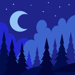 Obraz premium Stylized crescent moon over a dark blue forest at night