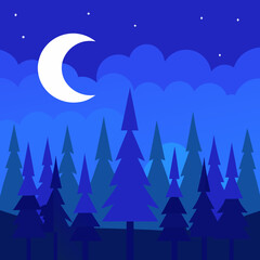 Obraz premium Stylized crescent moon over a dark blue forest at night