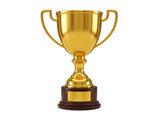 Shiny golden trophy with two handles and a wooden base representing achievement and victory isolated on transparent background