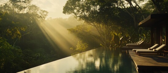 Luxurious infinity pool overlooking lush jungle canopy at sunrise