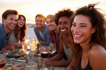 Group of friends laughing at a dinner party