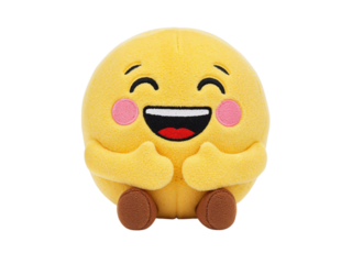 Adorable plush emoji toy with rosy cheeks and a wide open mouth showing teeth and tongue isolated on transparent background