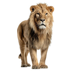 Obraz premium Png of A majestic male lion stands confidently, showcasing its powerful stature and magnificent mane in a striking pose.
