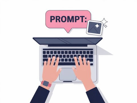 Digital prompt illustration of a laptop with image, person typing on keyboard