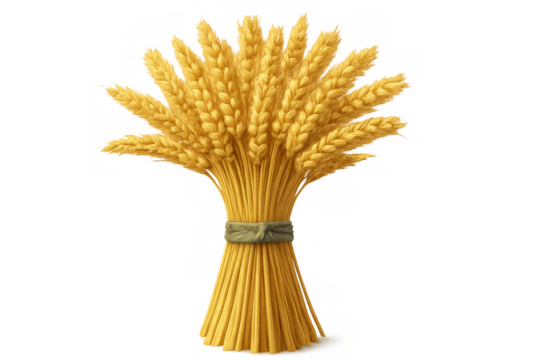 Golden wheat bundle, bound with twine, symbolizing rural farming tradition against clean backdrop