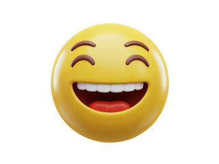 Fototapeta premium A bright yellow emoji with closed eyes and a wide open mouth showing teeth and red gums isolated on transparent background