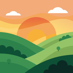 Obraz premium Stylized rolling hills at sunrise with clouds