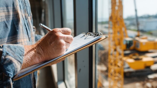 Quantity surveyor analyzing building plans and contractor claims taking notes on a clipboard with construction machinery visible through office windows.