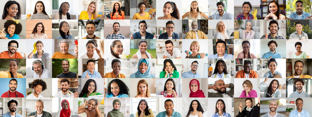 A vibrant collage featuring diverse individuals from various backgrounds smiling joyfully. This...