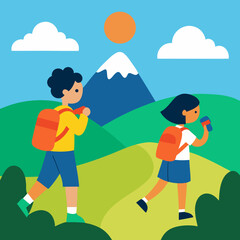 Fototapeta premium Children hiking through a scenic landscape with a mountain and sun