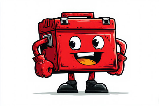 Cheerful red toolbox with cartoon arms and expressive eyes, ideal for hardware promotions or workshop signage.  copy text space