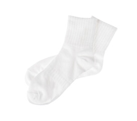 Pair of comfortable socks isolated on white, top view
