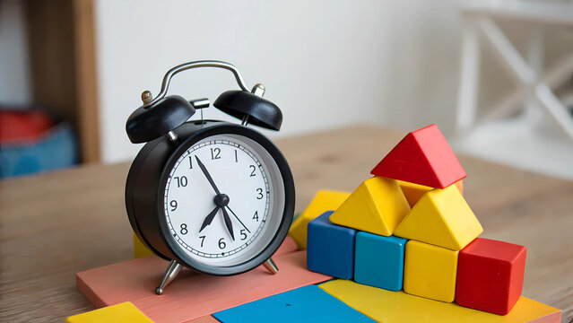 Classic alarm clock with colorful building blocks evoke childhood memories, perfect for back to school themes and educational content, time management concepts - Powered by Adobe