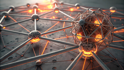 Complex network of interconnected nodes glowing with fiery intensity, illustrating advanced technology and futuristic concepts for data connections and innovation