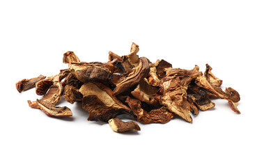 Pieces of dried mushrooms isolated on white