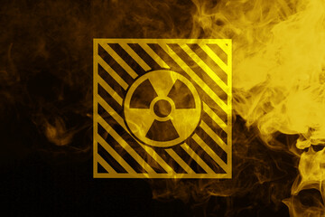 Radioactive sign and yellow toxic smoke against black background