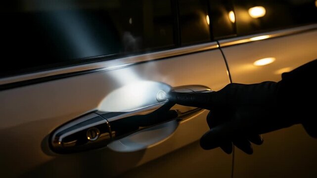 Gloved Hand Using a Flashlight to Attempt Entry on a Car Door Handle at Night, Indicating Theft.