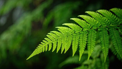 Lush green fern frond detail against blurred forest backdrop creating natural texture