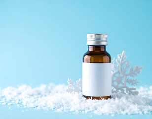 Winter Medicine Bottle with Snowflakes on Light Blue Background