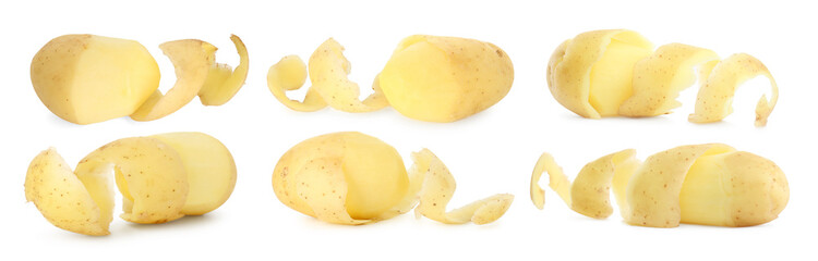 Fresh potatoes with peels isolated on white, set