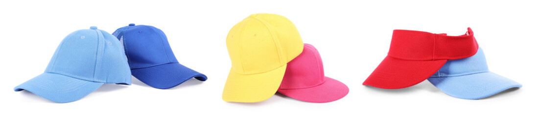 Baseball and visor caps in different colors isolated on white, set