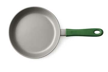 Clean frying pan featuring a vibrant green handle, isolated on a transparent background, perfectly suited for various cooking tasks