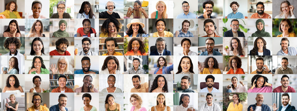 A vibrant collection of happy portraits featuring multiracial individuals. Each face reflects unique backgrounds, showcasing the beauty of diversity in lifestyles and expressions.