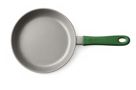 Clean frying pan featuring a vibrant green handle, isolated on a transparent background, perfectly suited for various cooking tasks