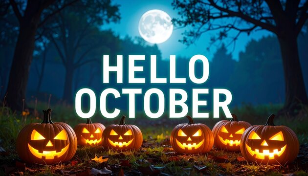 “HELLO OCTOBER” text in style typography with glowing pumpkins scattered in a dark, misty spooky forest background under a haunting full moonlight scene