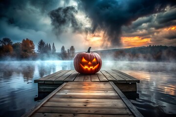 A glowing jackolantern sits on a wooden dock by a misty lake under a dramatic, stormy sky at dusk