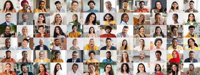 A dynamic collage showcases a joyful collection of multiracial individuals smiling and engaging in...